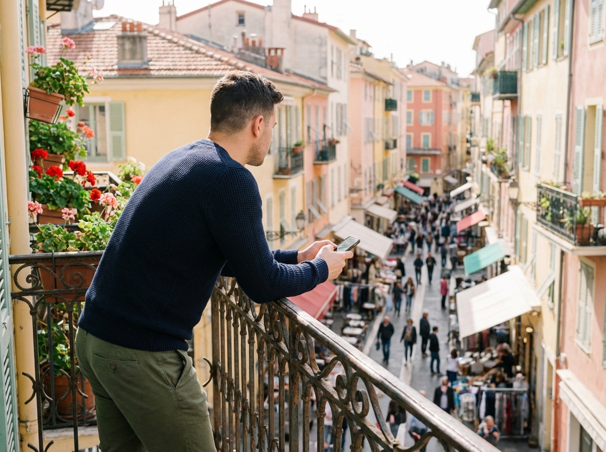 Homme regardant la rue animée de Nice depuis le balcon