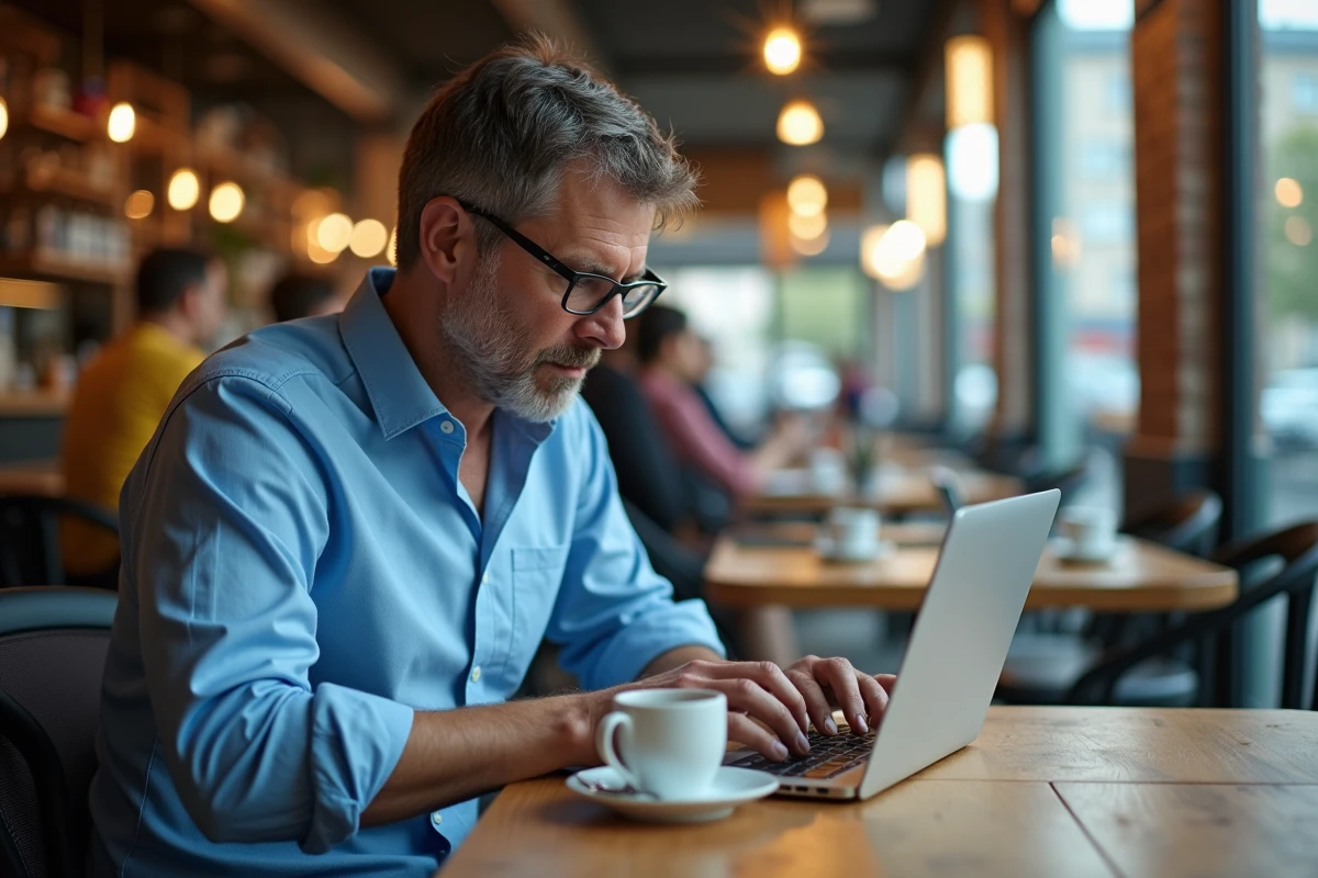 Homme d affaires travaillant dans un café avec un ordinateur portable