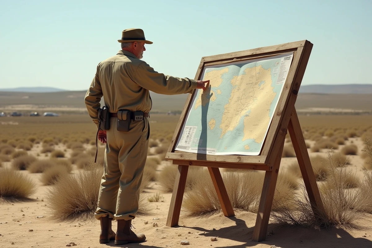 Homme en vêtements de terrain consulte une carte au bord du désert