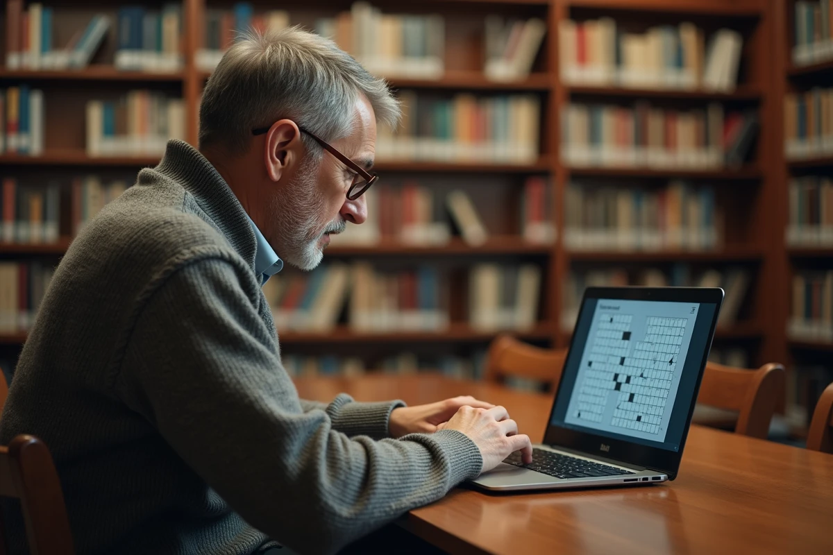 Homme lisant un puzzle dans une bibliothèque