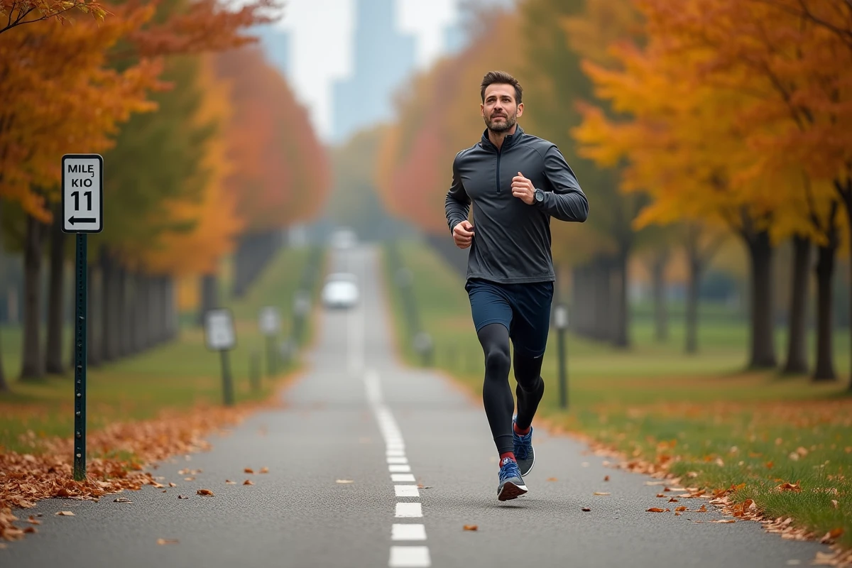 Homme en jogging regardant son tracker dans un parc automnal