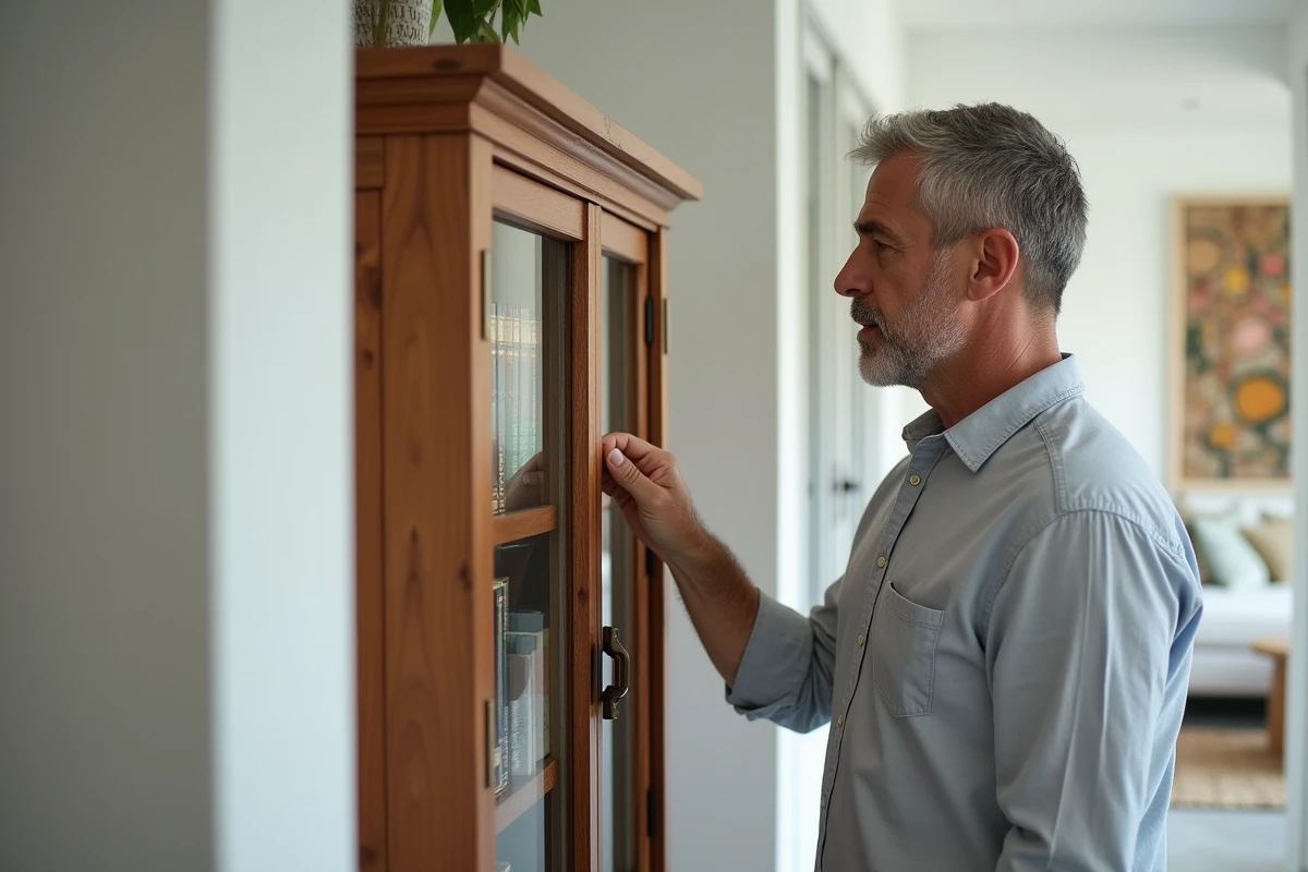 Homme rangeant des livres dans une vitrine vintage