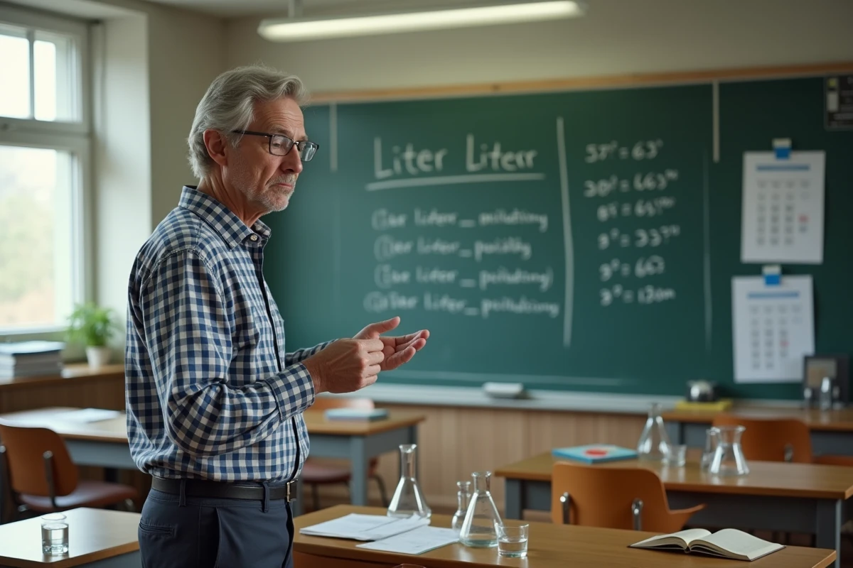 Homme en classe montre une conversion avec des béchers