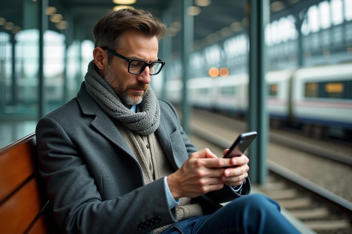 Homme âgé vérifiant ses alertes de trafic dans une gare