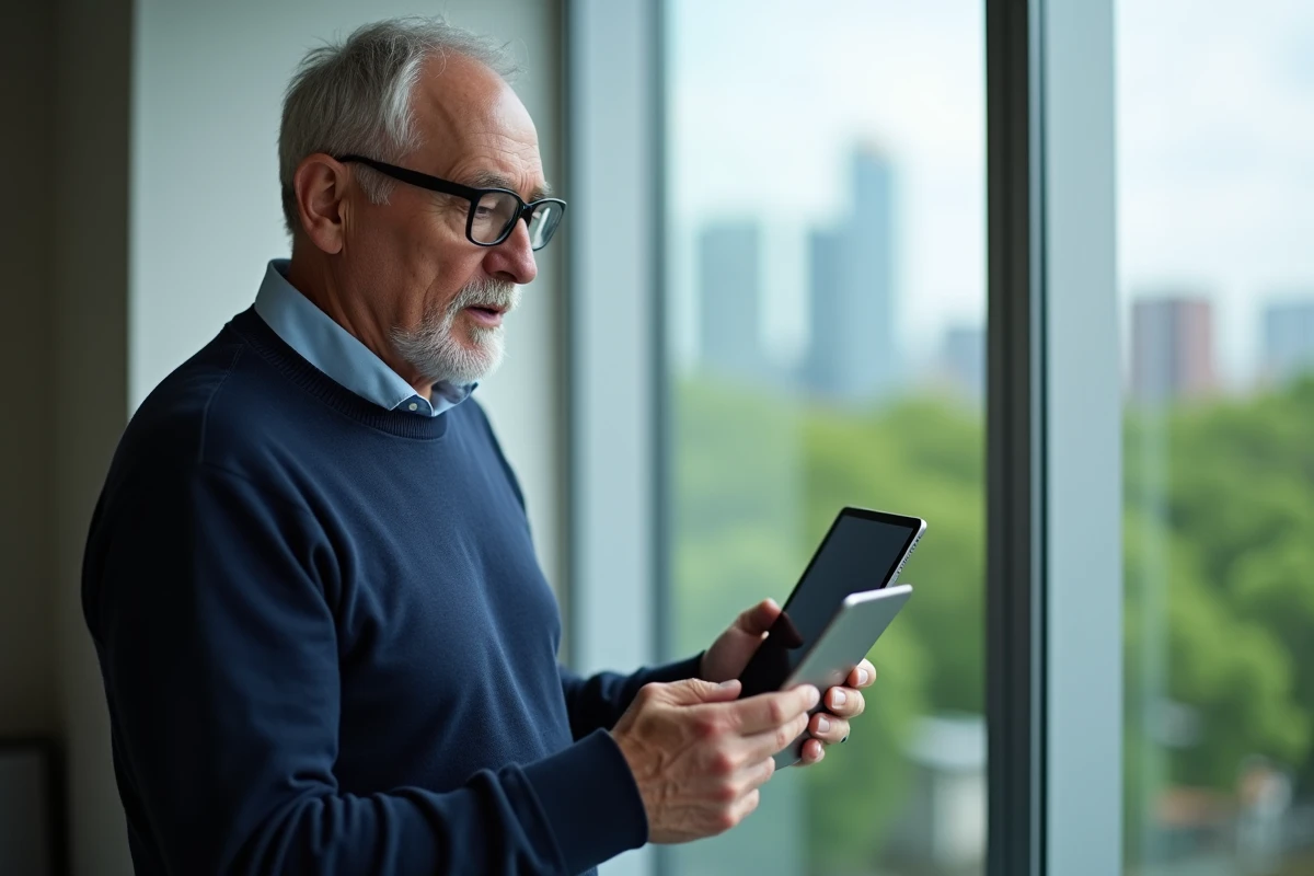 Homme comparant deux tablettes dans un bureau moderne
