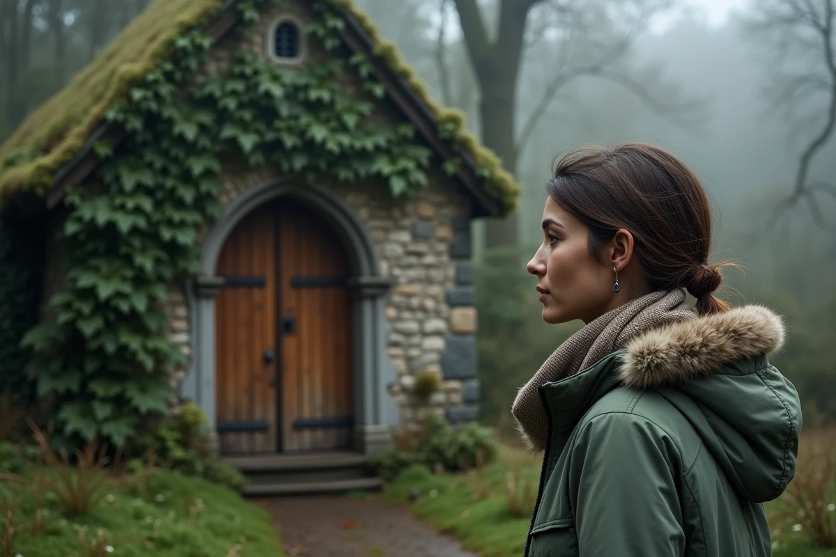 Jeune femme regardant une chapelle ancienne en nature