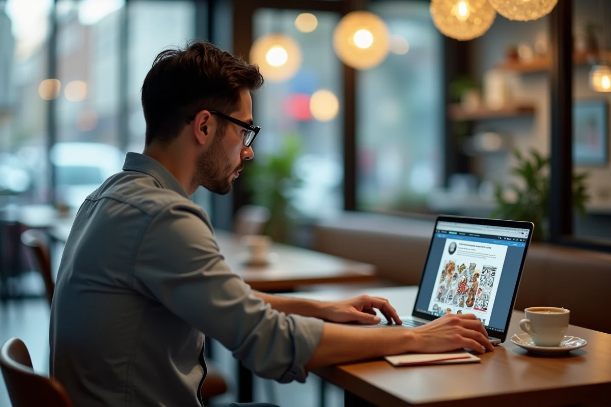 Jeune homme naviguant manga sur ordinateur au café