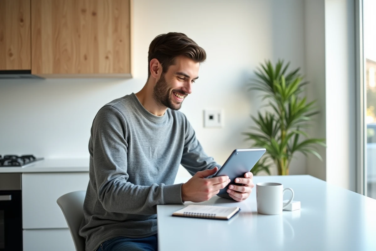 Jeune homme organise widgets sur tablette à la maison