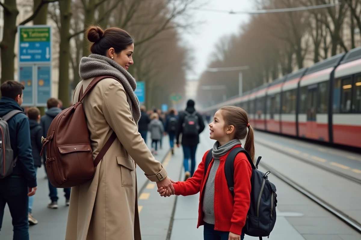 Maman tenant la main de sa fille à la station de tram à Paris