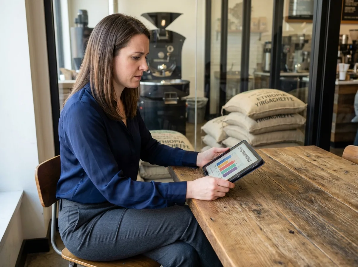 Jeune femme gérant un café analysant un graphique sur tablette