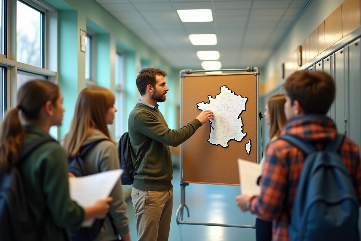 Enseignant accrochant une carte de France dans le couloir