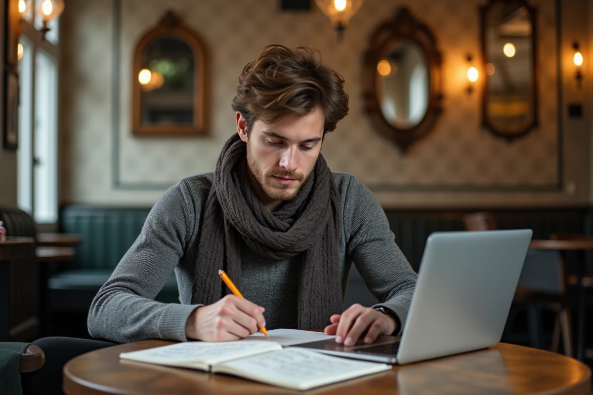 Etudiant étudiant au café avec notes bilingues pour apprendre le français