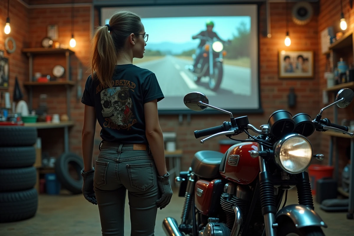 Jeune femme regardant un film de moto dans un garage