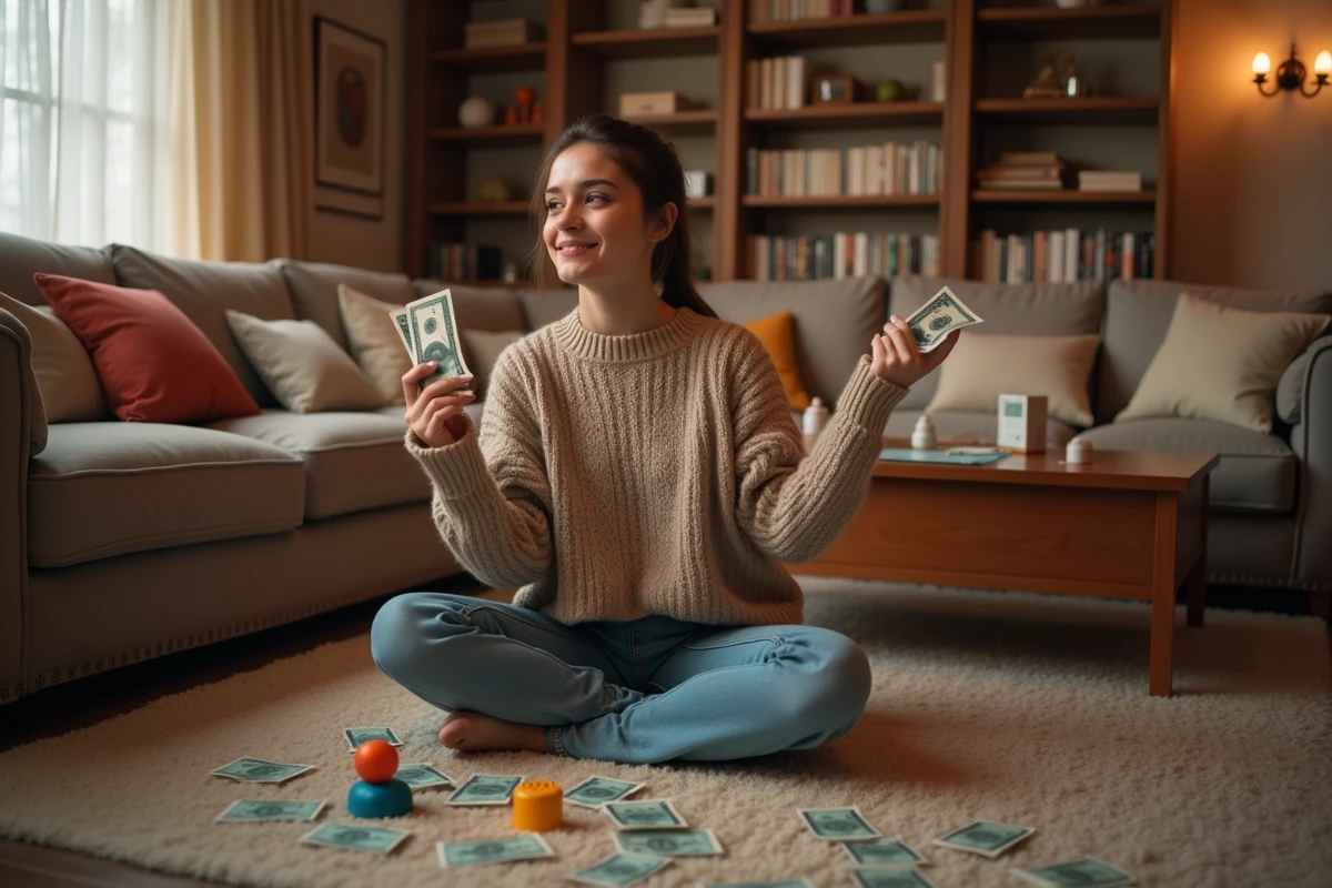 Femme souriante jouant au Monopoly avec une amie dans le salon