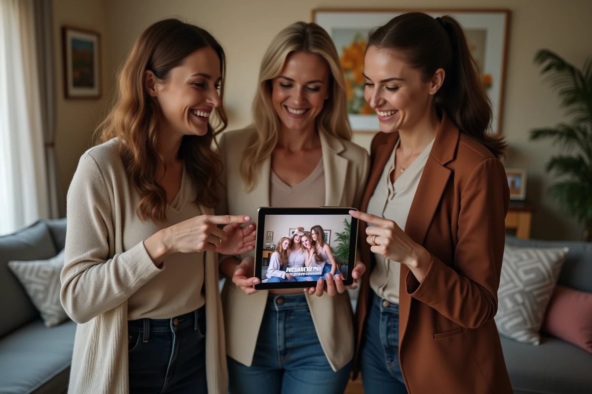 Trois femmes riant en regardant un GIF anniversaire sur tablette
