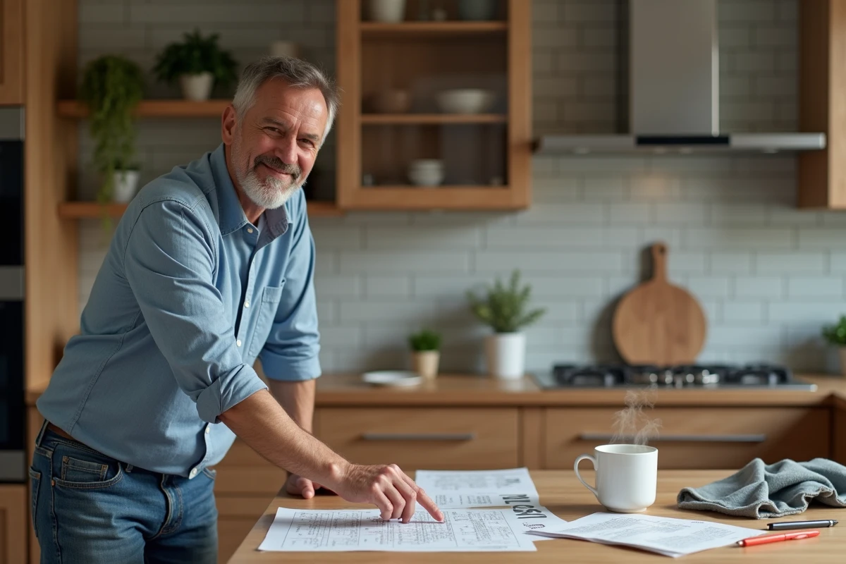 Homme souriant résolvant un mot croisé dans la cuisine chaleureuse