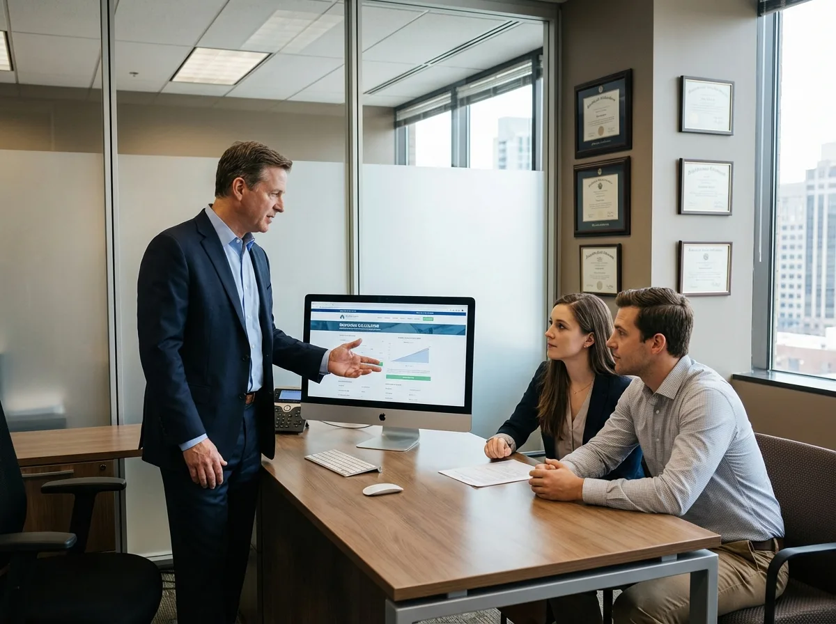 Homme en costume expliquant un calculateur de prêt immobilier