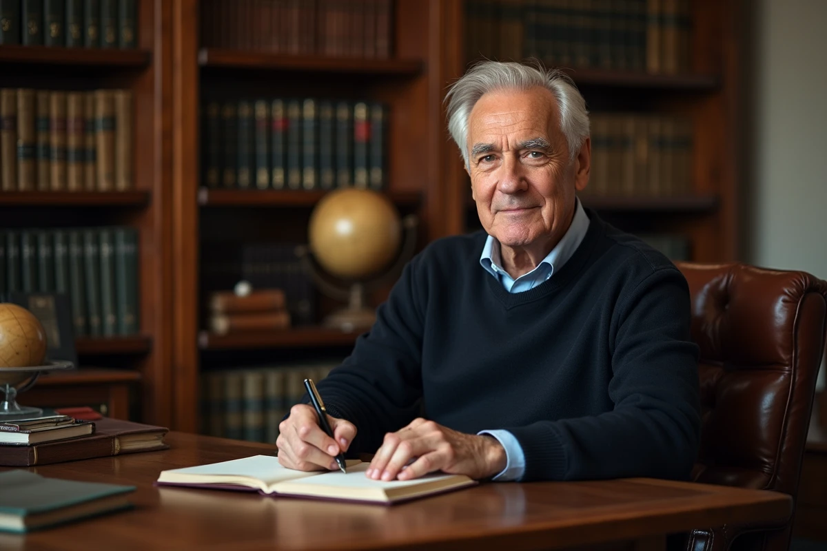 Homme âgé écrivant dans un carnet dans un bureau chaleureux