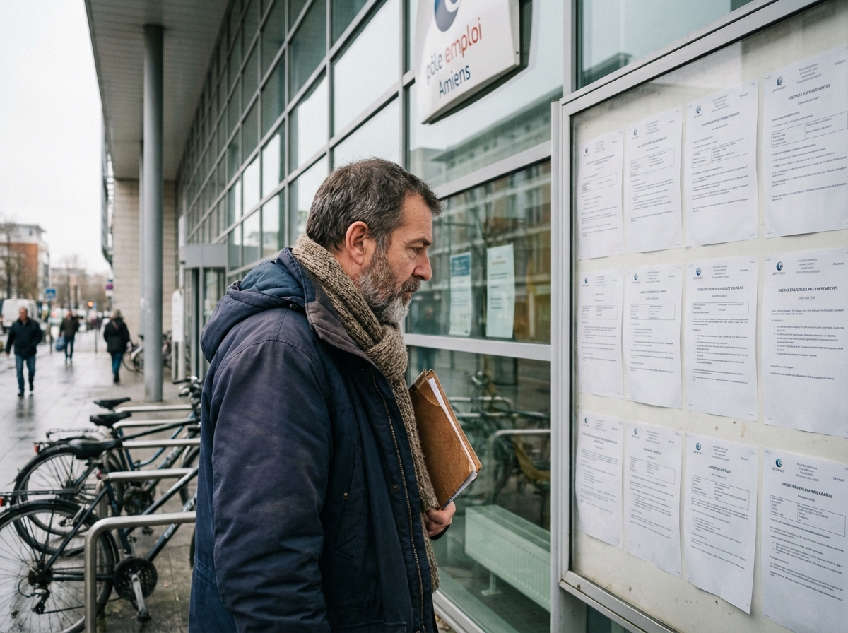 Homme recherchant un emploi devant une affiche à Amiens
