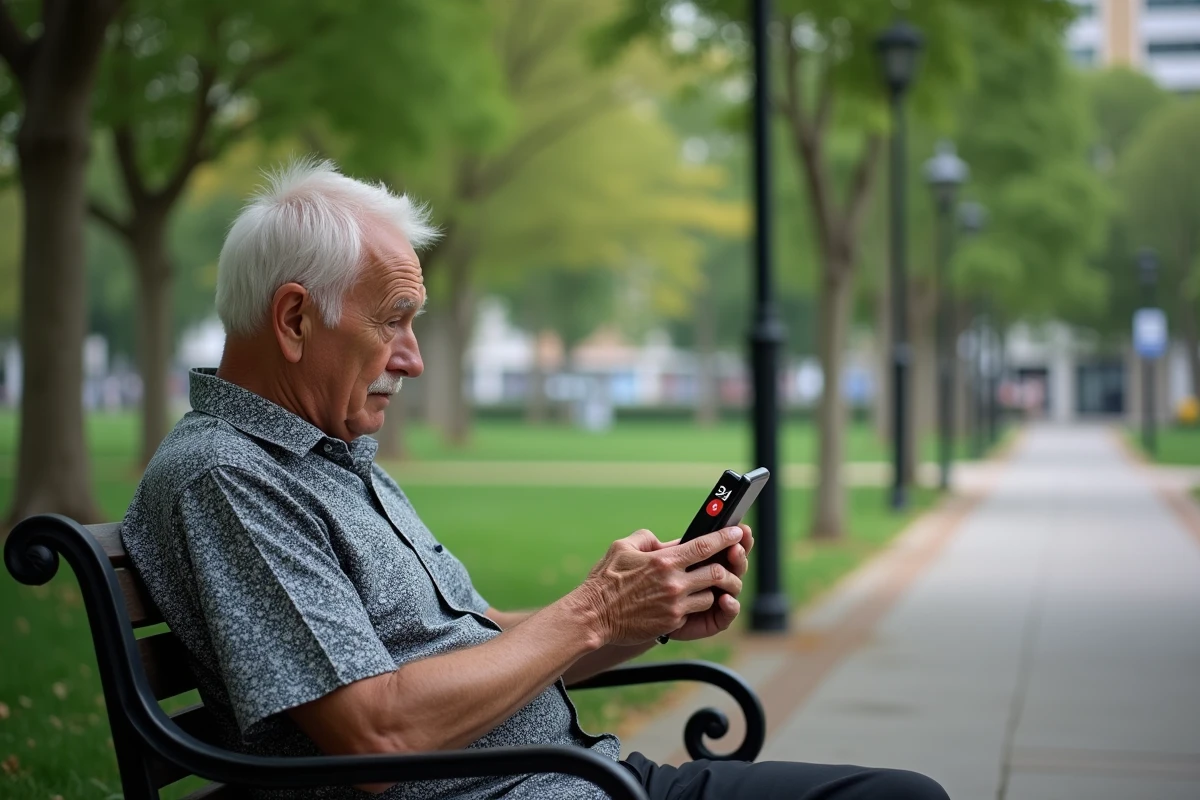 Homme âgé vérifiant son smartphone sur un banc de parc