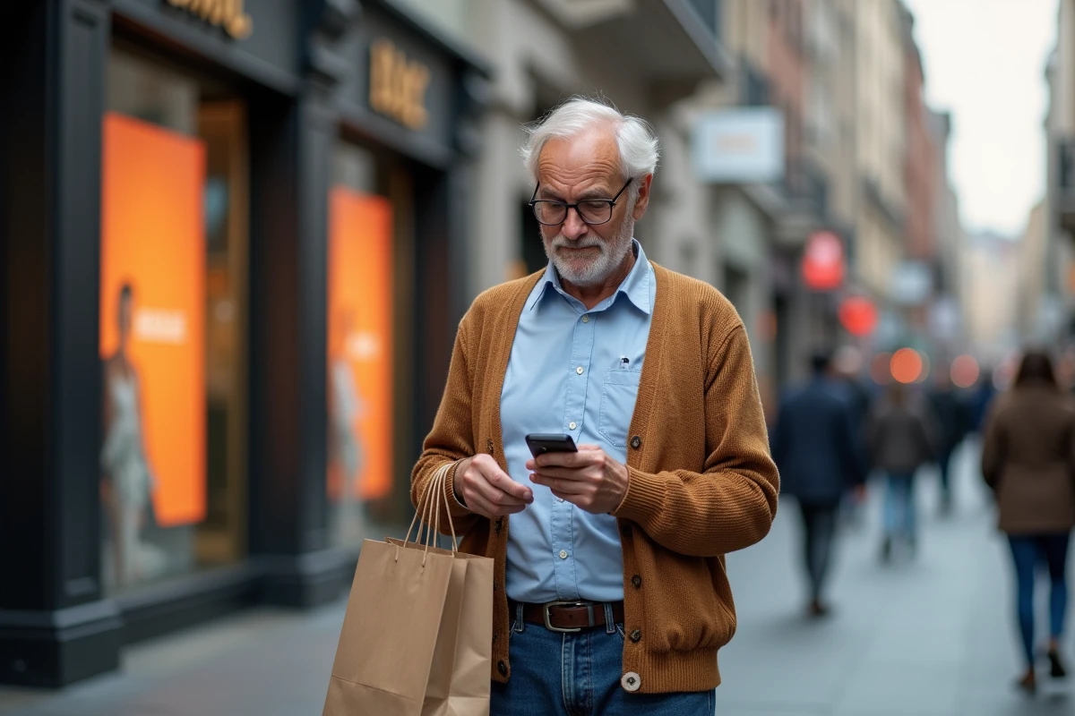 Homme âgé regardant ses achats en ville