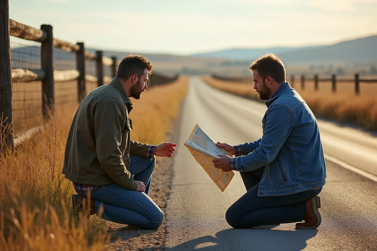 Homme en veste de terrain interviewant un fermier en campagne