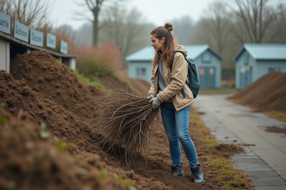 Jeune femme déchargeant des branches dans un composteur