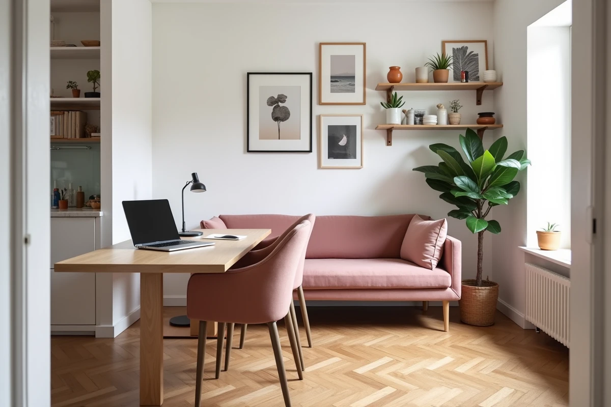 Petit salon salle &agrave; manger multifonctionnel am&eacute;nag&eacute; pour le t&eacute;l&eacute;travail avec table extensible, canap&eacute; compact et rangements ouverts