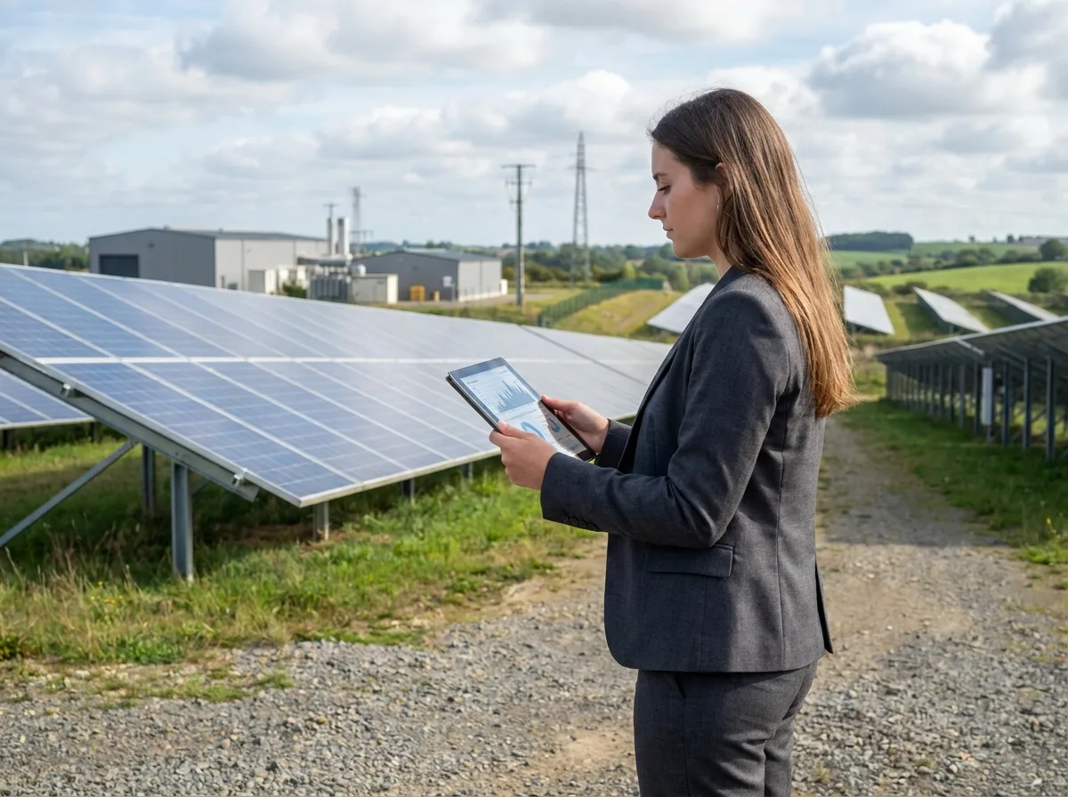 Cadre devant une installation de panneaux solaires