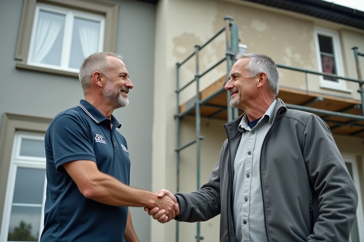 Artisan et propri&eacute;taire se serrant la main devant une maison en r&eacute;novation ext&eacute;rieure avec &eacute;chafaudage