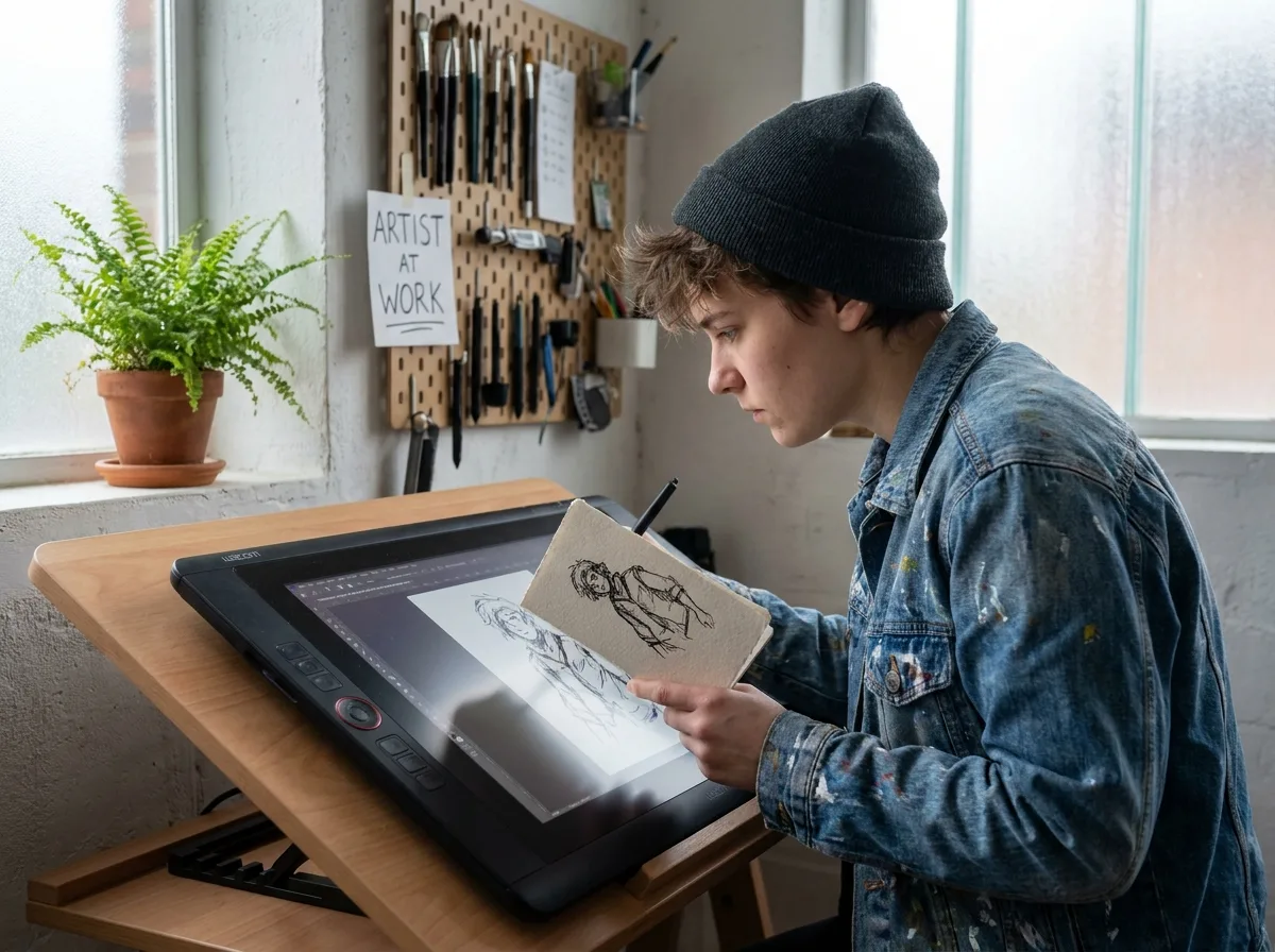 Jeune artiste de concept art comparant une esquisse traditionnelle &agrave; une illustration num&eacute;rique sur tablette graphique dans un studio minimaliste