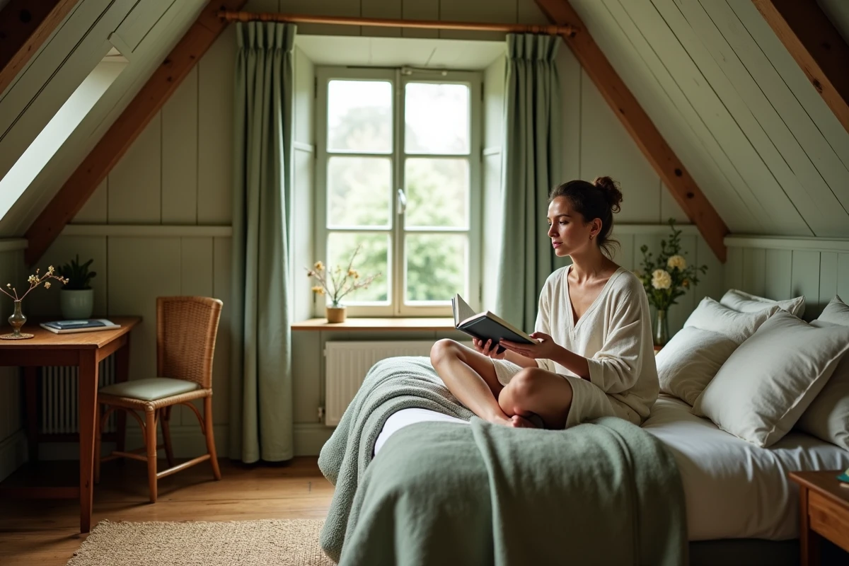 Femme lisant dans un coin chambre douillet d'une chaumi&egrave;re traditionnelle, avec literie en lin et laine, plafond en bois et fen&ecirc;tre &agrave; petits carreaux
