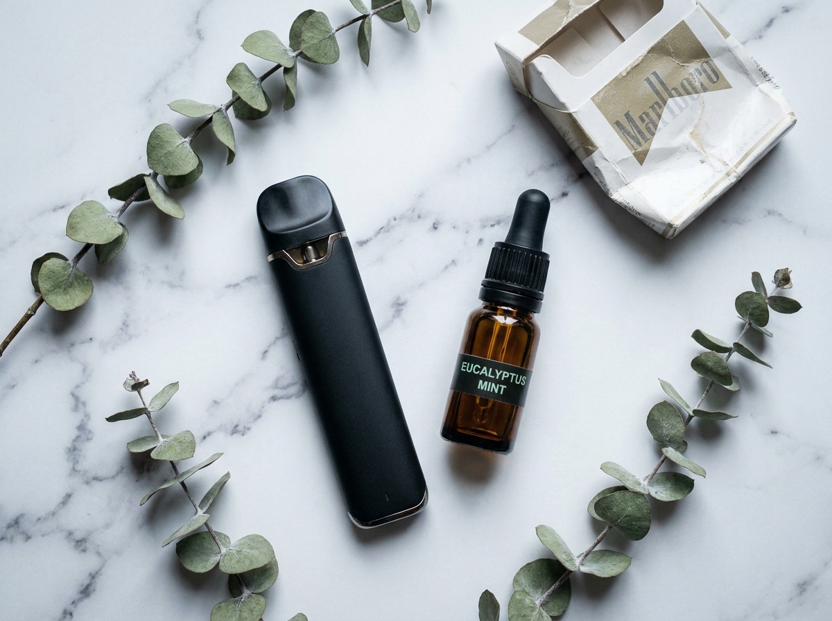 Cigarette &eacute;lectronique et e-liquide pos&eacute;s sur marbre blanc en alternative &agrave; la cigarette classique