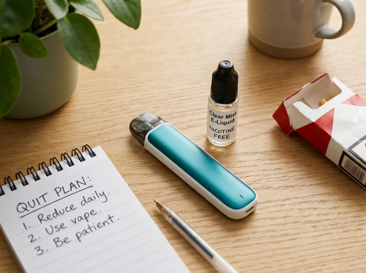 Vue de dessus d'une cigarette &eacute;lectronique pod, un flacon d'e-liquide et un carnet de notes sur un bureau en bois, symbolisant la d&eacute;marche d'arr&ecirc;t du tabac