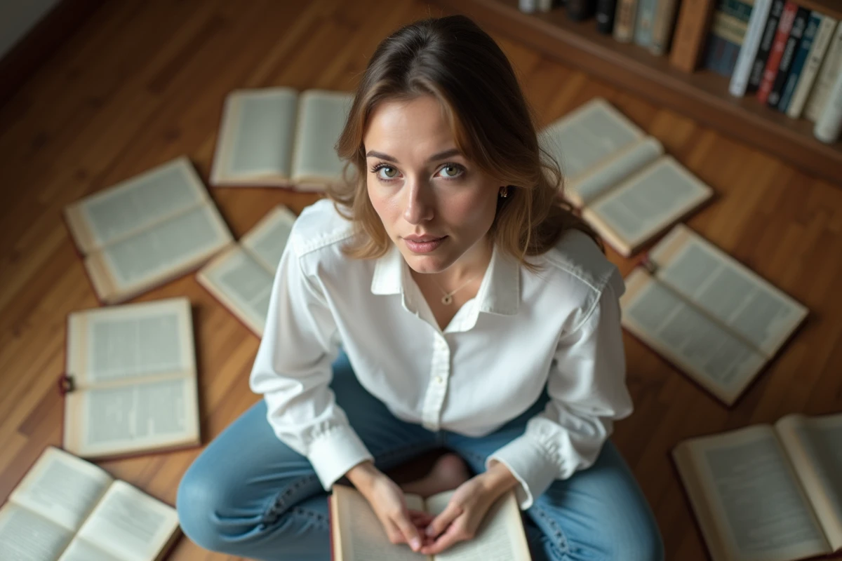 Femme comparant des pages de sc&eacute;nario pour v&eacute;rifier la coh&eacute;rence interne d'un retournement narratif