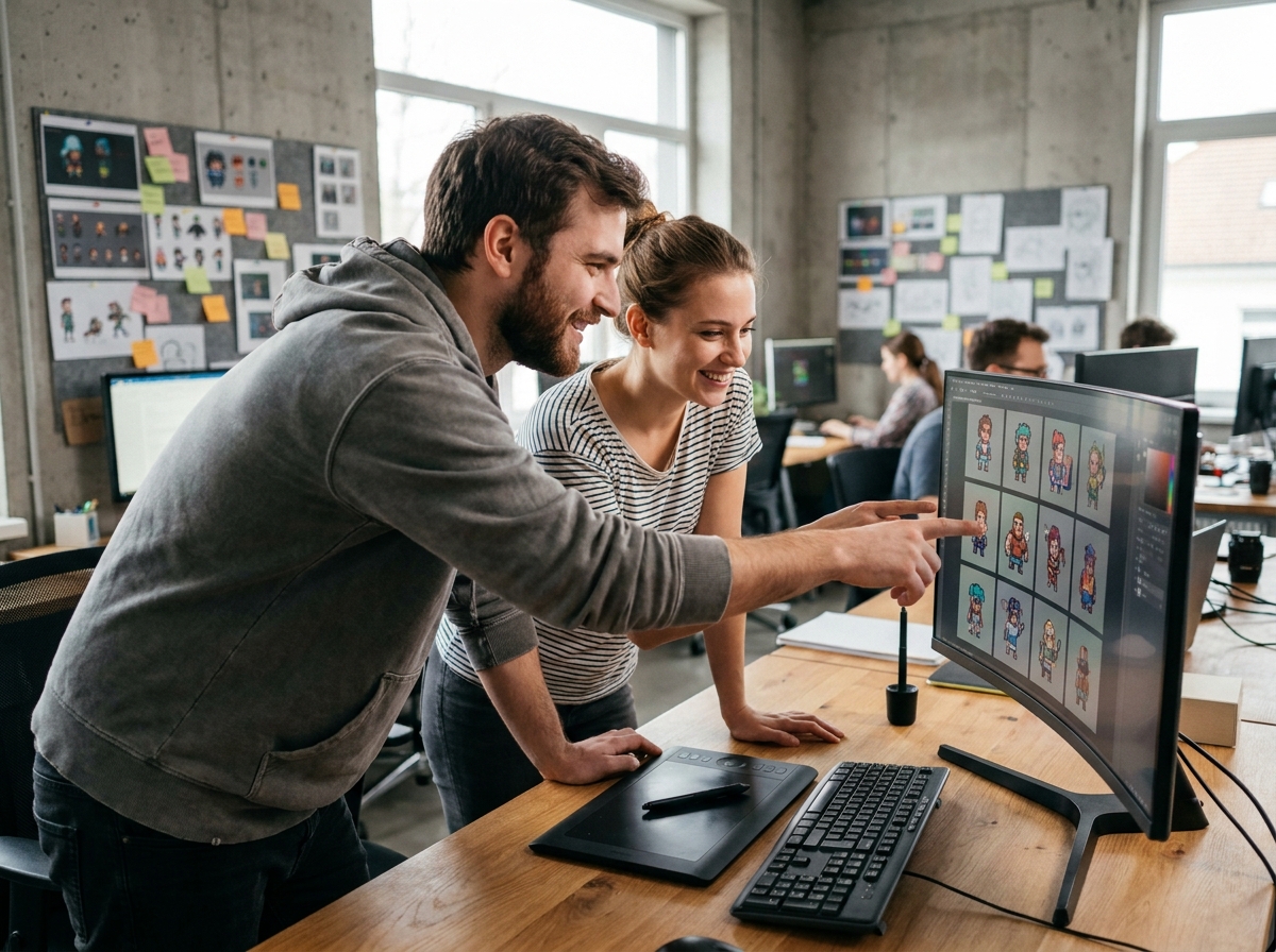 Deux jeunes cr&eacute;ateurs de jeux vid&eacute;o ind&eacute;pendants collaborant devant un &eacute;cran affichant des sprites en pixel art dans un espace de co-working cr&eacute;atif