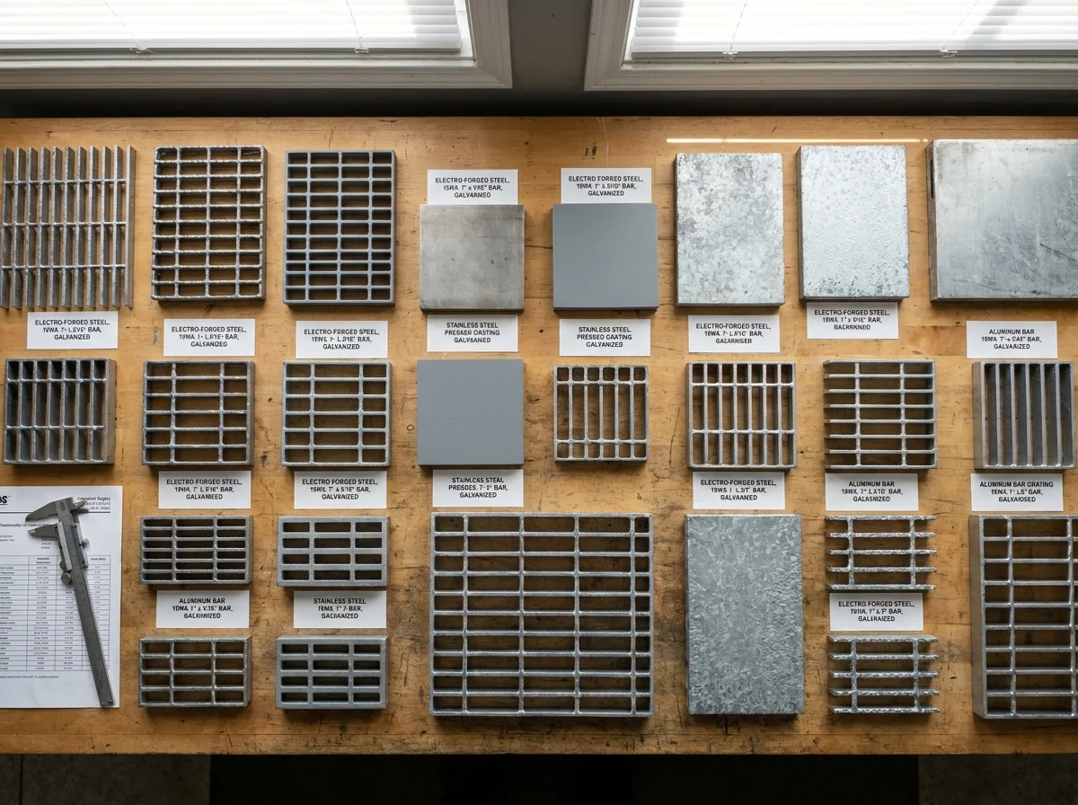 Comparatif de diff&eacute;rents types de caillebotis m&eacute;talliques pos&eacute;s sur un &eacute;tabli : acier galvanis&eacute;, inox et aluminium avec &eacute;tiquettes techniques