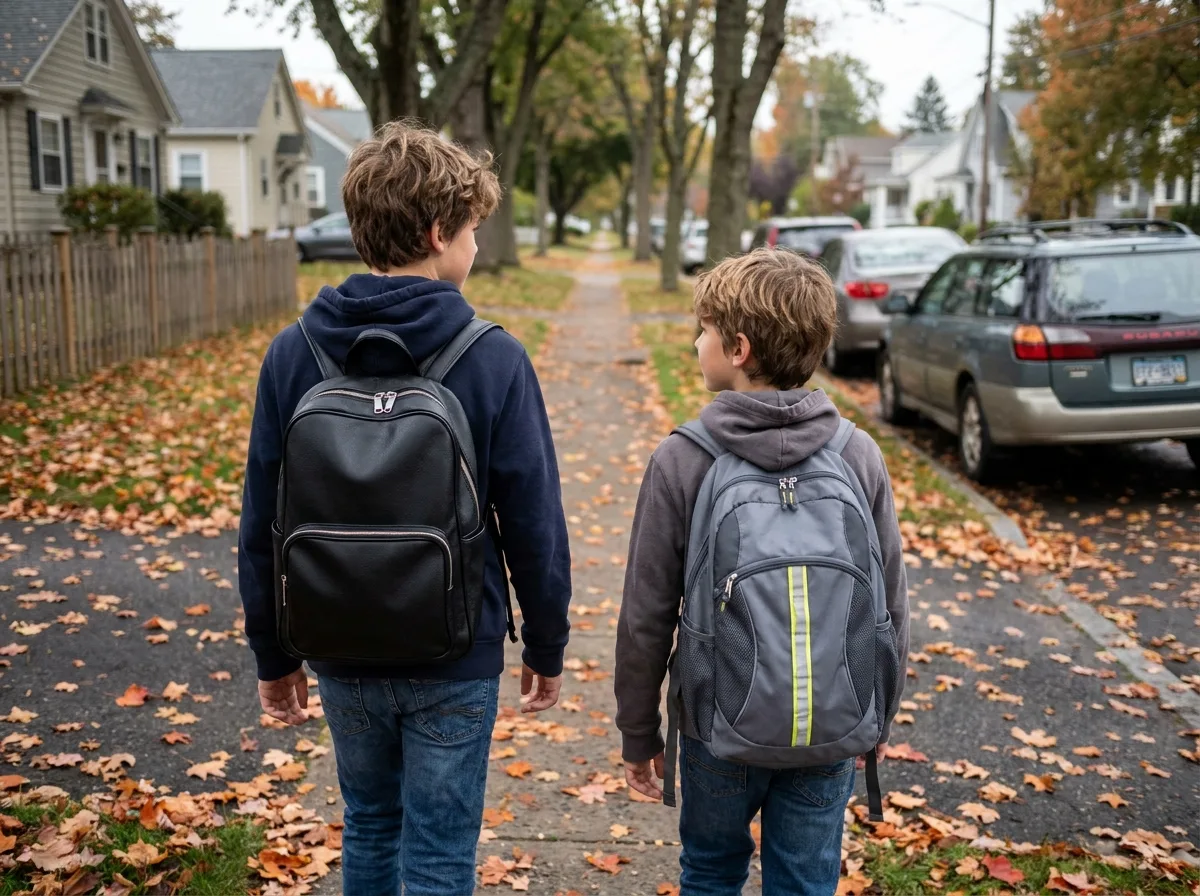 Deux gar&ccedil;ons marchant sur un trottoir avec leurs cartables scolaires lors d'une matin&eacute;e d'automne
