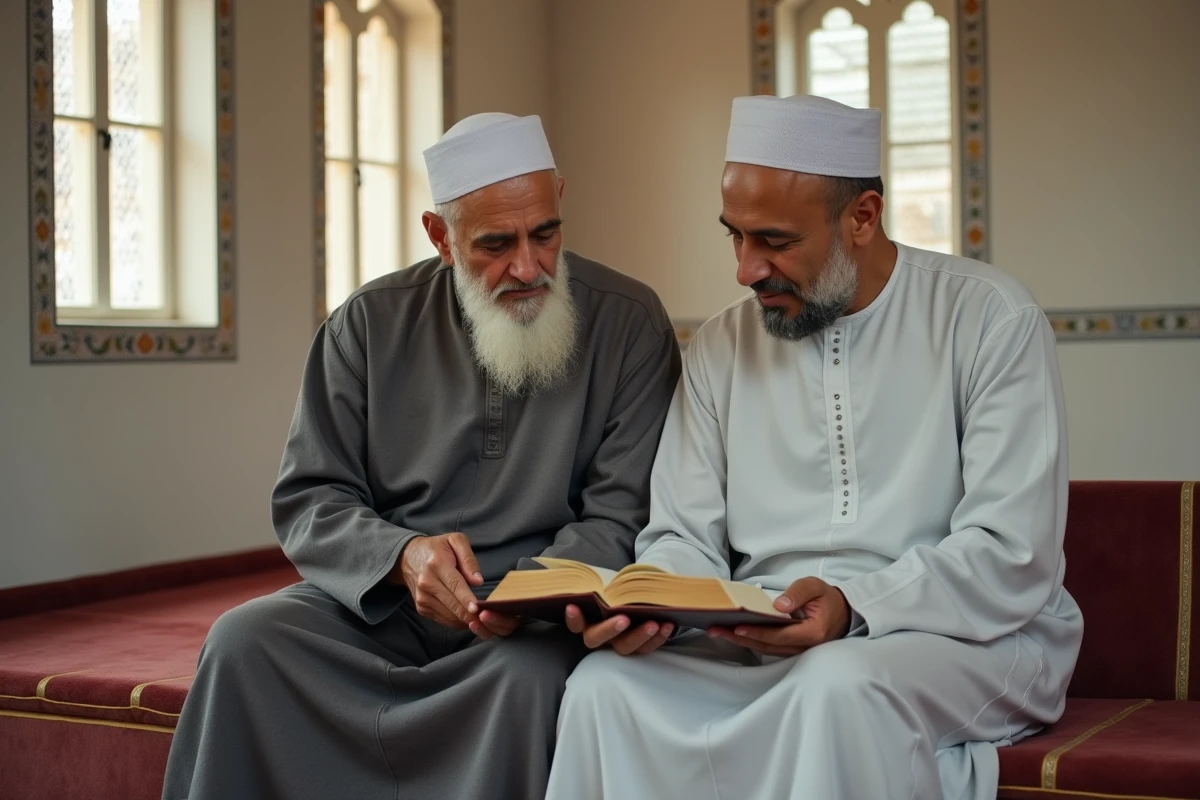 Deux hommes &eacute;tudiant le Coran ensemble dans une mosqu&eacute;e, discussion autour des versets des deux derniers versets Baqara et Ayat al-Kursi