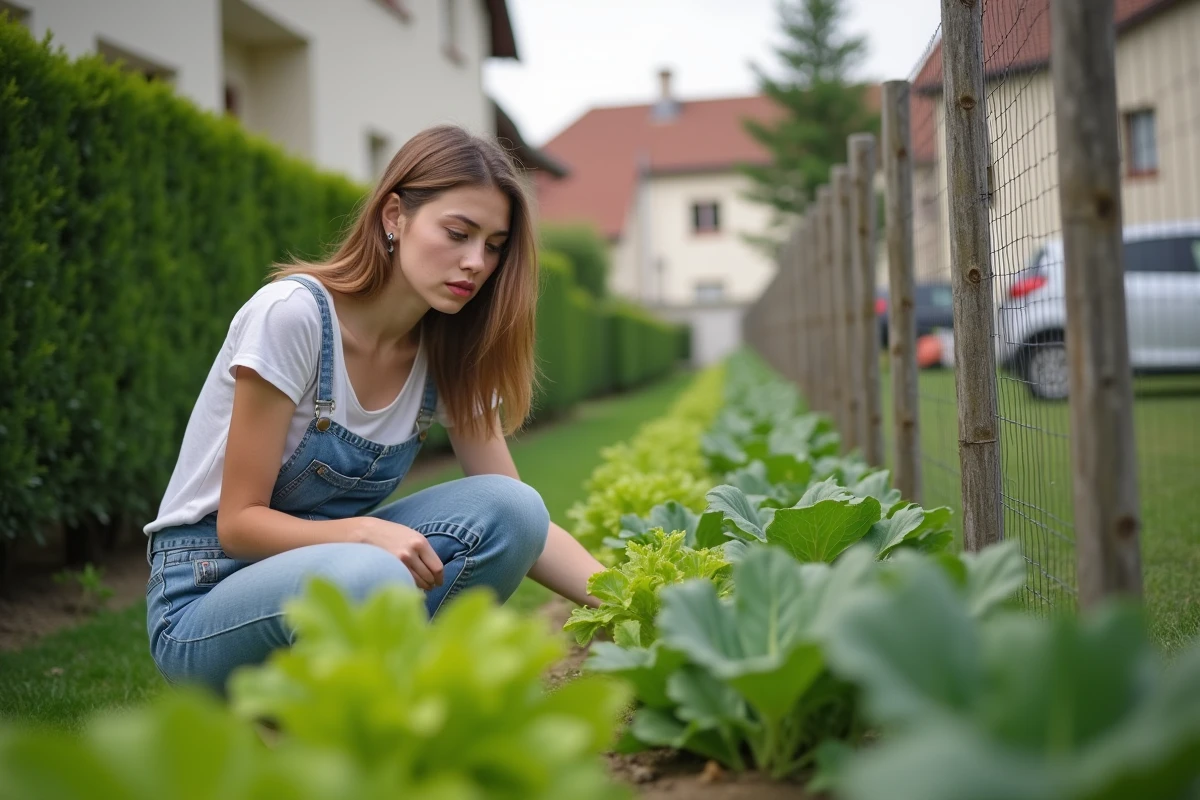 Jeune femme cherchant des nuisibles dans son jardin