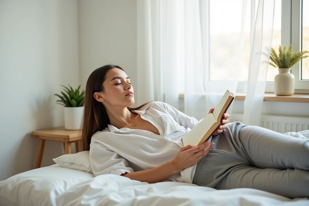 Jeune femme allong&eacute;e avec un journal intime, ambiance introspective et spirituelle li&eacute;e aux signes de la flamme jumelle