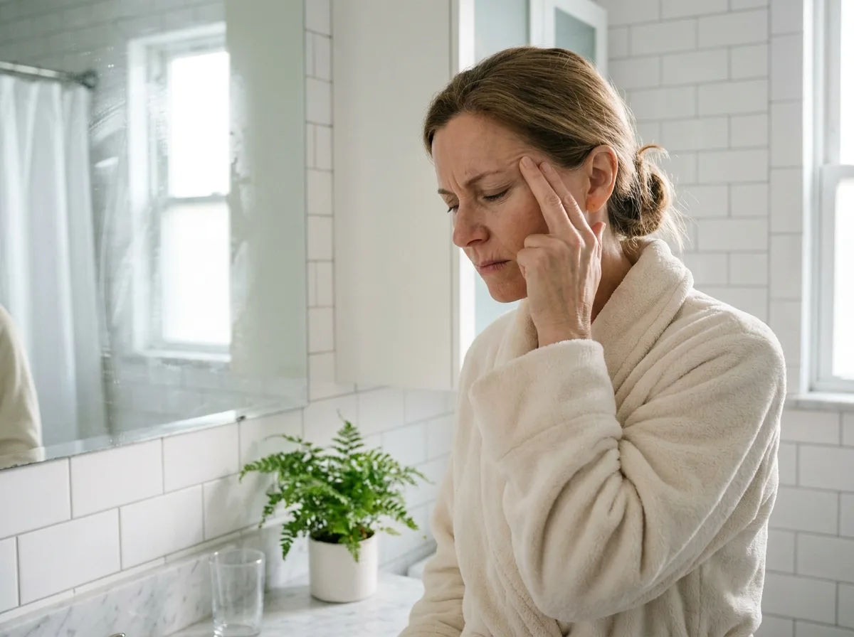 Femme d'&acirc;ge m&ucirc;r dans une salle de bain se tenant la tempe, sympt&ocirc;me de maux de t&ecirc;te associ&eacute;s &agrave; une carence en magn&eacute;sium