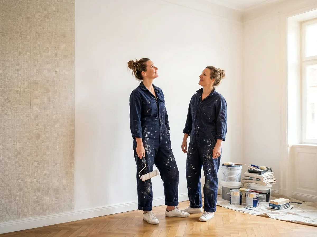 Femme admirant un mur r&eacute;nov&eacute; avec toile de verre peinte dans un appartement