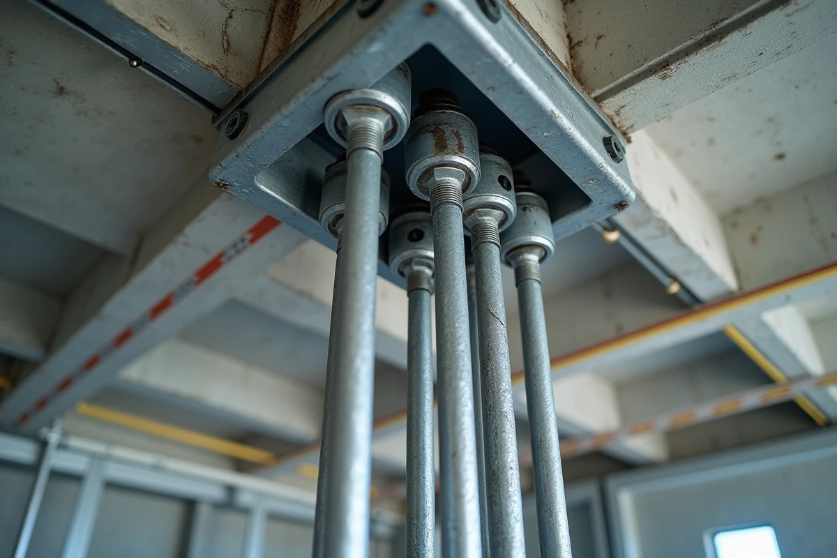 Installation de fixation lourde sur plafond b&eacute;ton avec tiges filet&eacute;es scell&eacute;es chimiquement et platine m&eacute;tallique