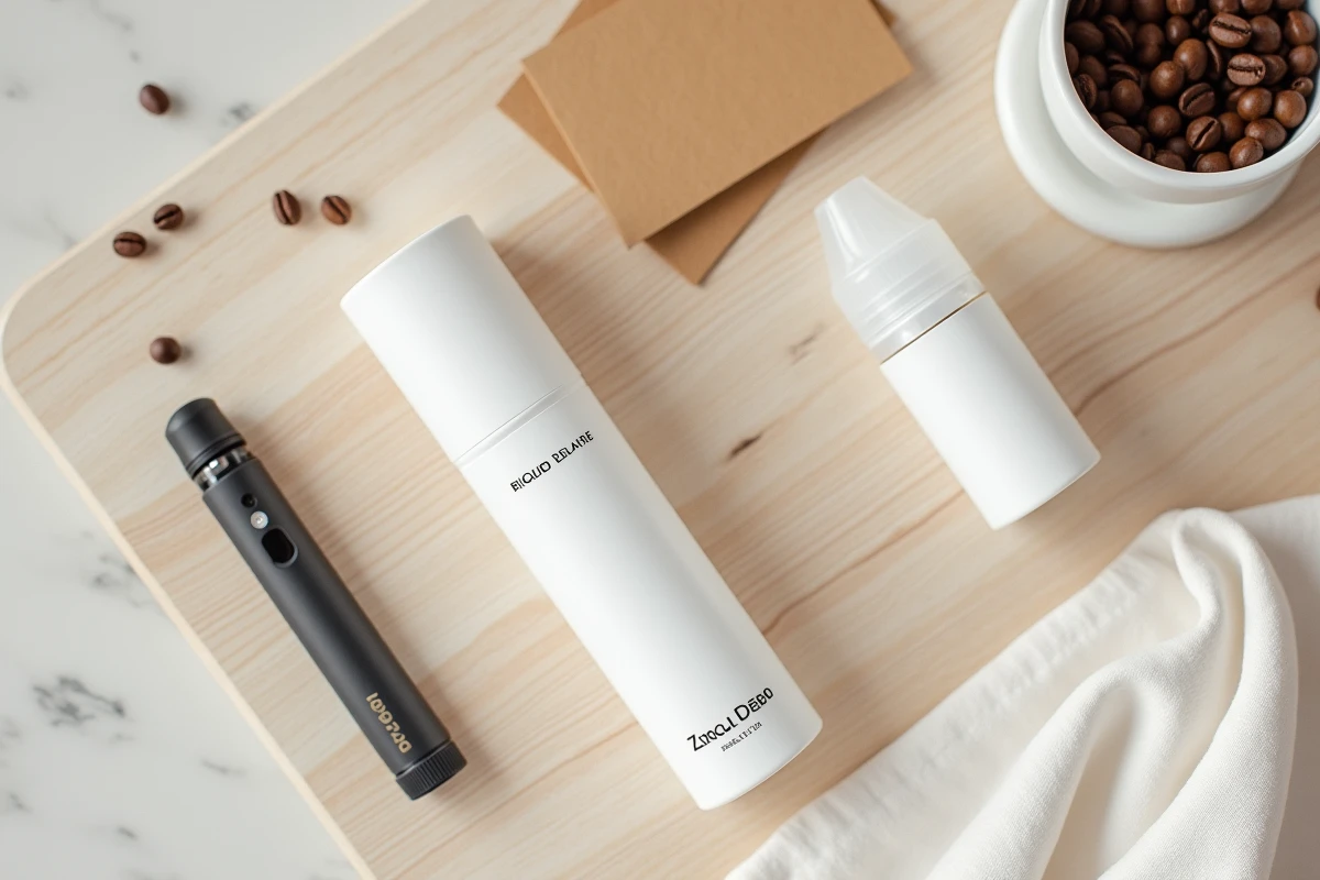 Flat lay de flacons d'e-liquides premium avec un vaporisateur moderne sur une surface en bois, esth&eacute;tique lifestyle minimaliste