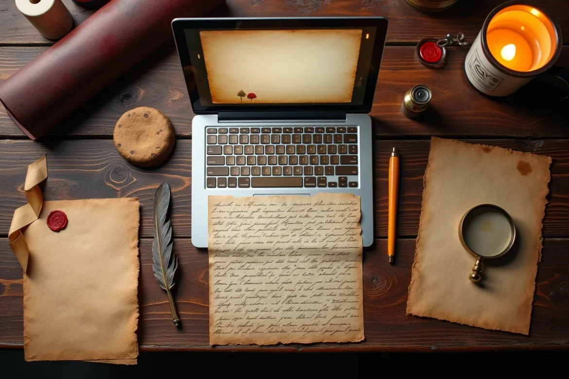 Vue a&eacute;rienne d'un bureau de recherche historique avec un g&eacute;n&eacute;rateur de courriers napol&eacute;oniens ouvert sur un ordinateur portable
