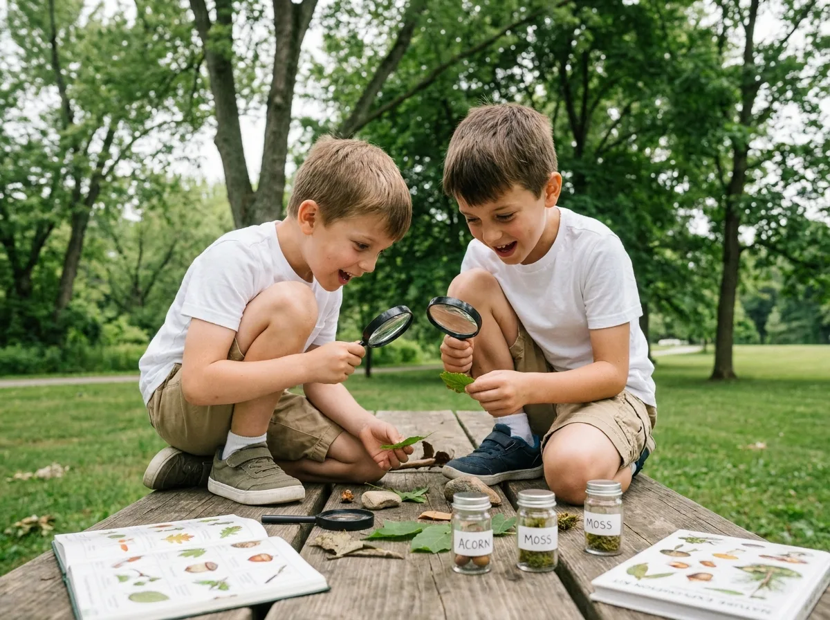Deux gar&ccedil;ons explorant la nature avec des loupes lors d'une activit&eacute; &eacute;ducative estivale en plein air
