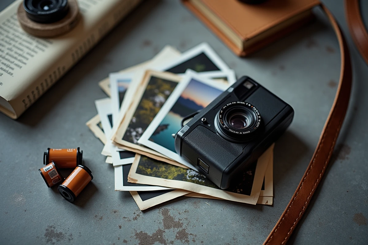 Gros plan sur un appareil photo jetable r&eacute;utilisable entour&eacute; de pellicules et de photos argentiques d&eacute;velopp&eacute;es