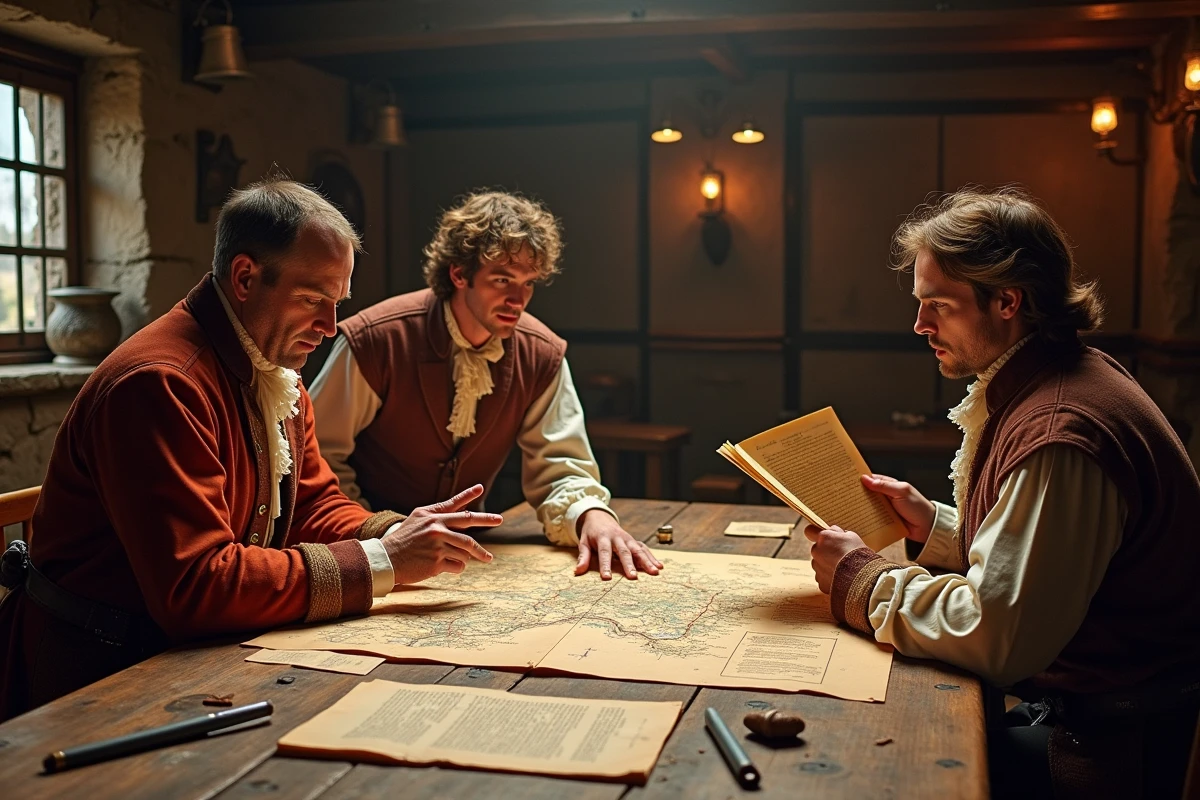 Groupe de joueurs en costumes napol&eacute;oniens utilisant des courriers historiques imprim&eacute;s lors d'une session de jeu de r&ocirc;le