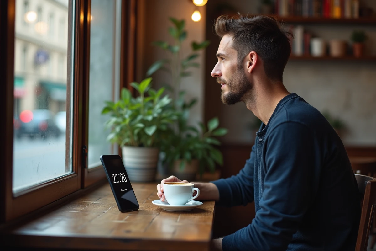 Homme dans un caf&eacute; remarquant 22h20 sur son t&eacute;l&eacute;phone, signe num&eacute;rique li&eacute; &agrave; la signification flamme jumelle du nombre 22 20